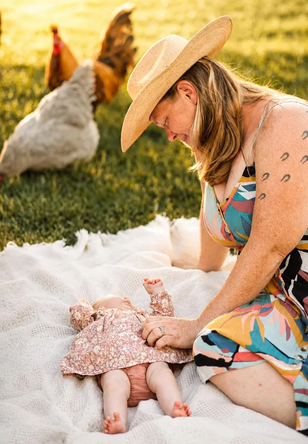 Outdoor family session with chickens