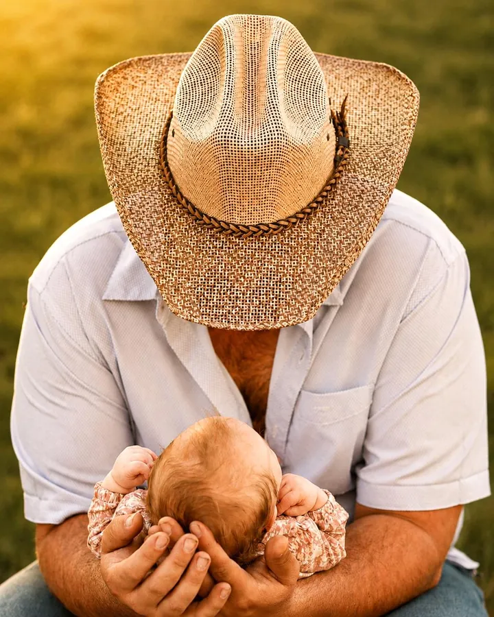 Father cradling his newborn at golden hour
