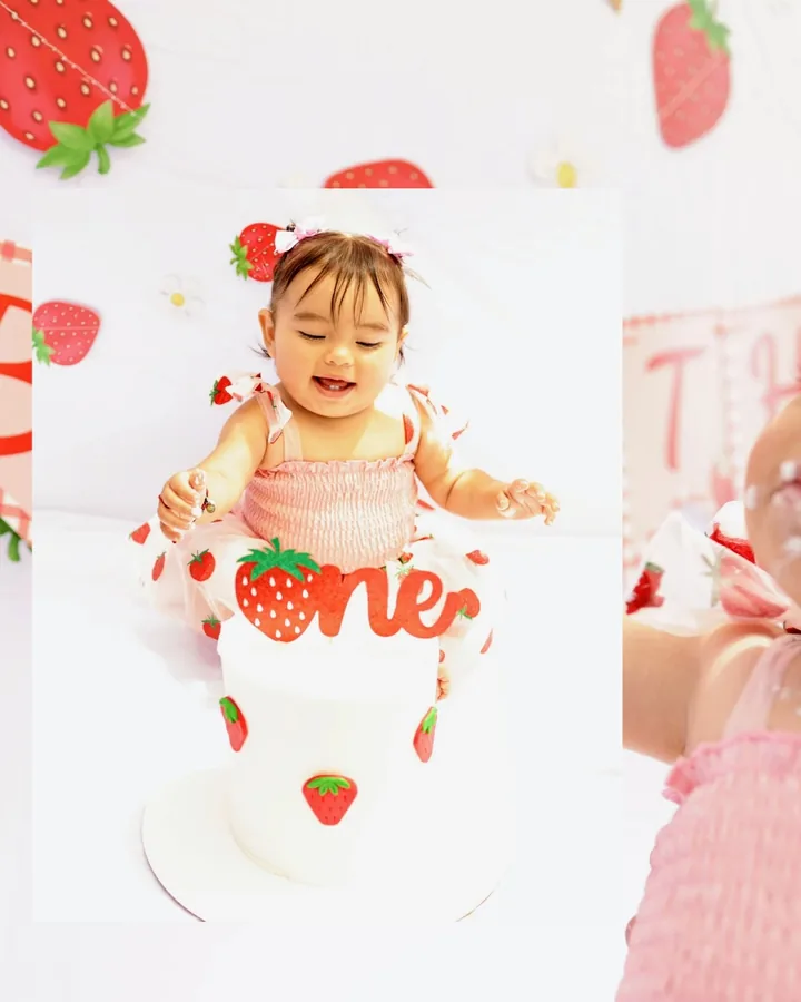 Strawberry first birthday collage with her one cake